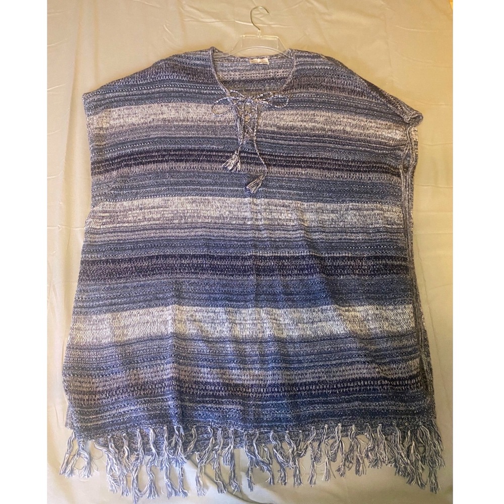 Tommy Bahama Poncho Womens One Size Blue Striped Fringe Knit Beach Cover Up Boho